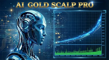 A sleek metallic blue robotic head with glowing circuitry in the v1.0 AI gold scalp pro MT5 product design