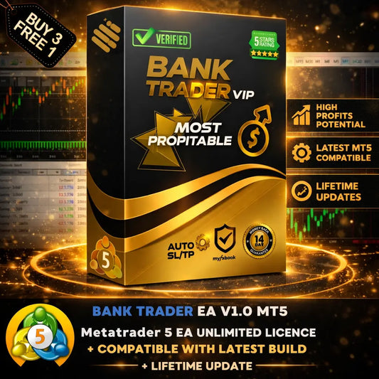 Black and gold box for v1.0 bank trader forex mt5 vip trading software showcasing premium packaging design