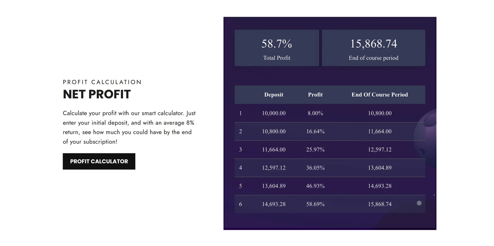 Dark purple digital interface of v1.0 bank trader forex mt5 showing profit calculation table with numerical data and percentage returns