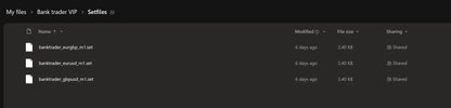 Three dark gray folder files labeled banktrader eurgbp eurusd gbpusd m1 set in v1 0 bank trader forex mt5