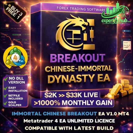 Gold-colored dragon logo on dark purple box for breakout chinese-immortal dynasty ea forex trading software v1.0 mt4