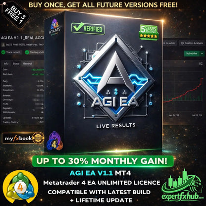 Black box packaging for v1.1 AGI EA MT4 trading software with silver and blue diamond logo and glowing circuitry details