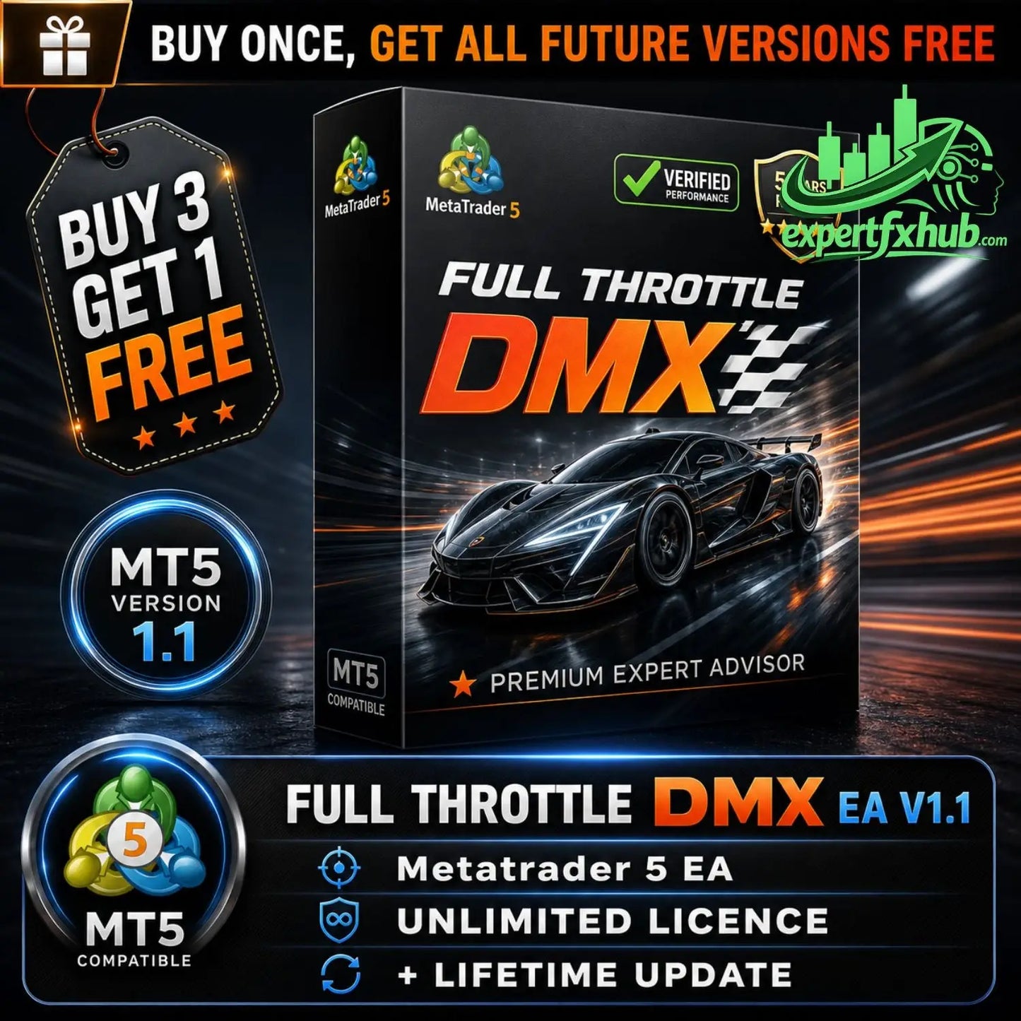Black box of full throttle dmx ea v1.1 metatrader 5 expert advisor with glossy finish and black sports car image