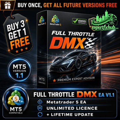 Black box of full throttle dmx ea v1.1 metatrader 5 expert advisor with glossy finish and black sports car image