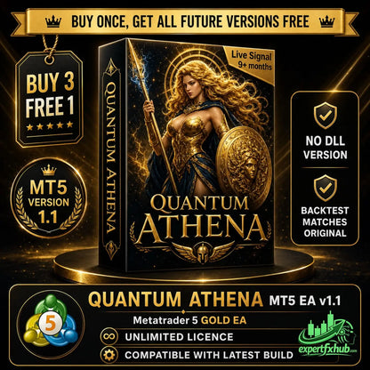 Black rectangular box with gold lettering and warrior goddess image labeled quantum athena mt5 ea v1.1 trading software packaging