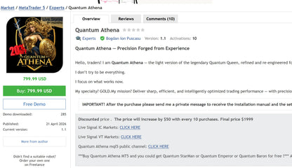 V1.1 Quantum Athena MT5 trading robot logo featuring a golden armored warrior design symbolizing strength and precision