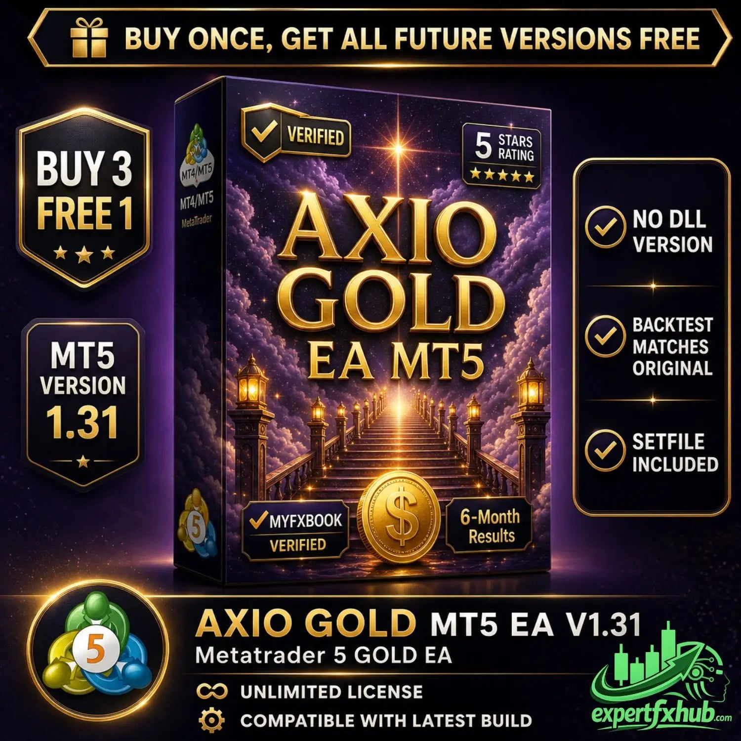 Gold-colored box of axio gold ea mt5 software with cosmic staircase design and purple clouds for v1.31 axio gold mt5