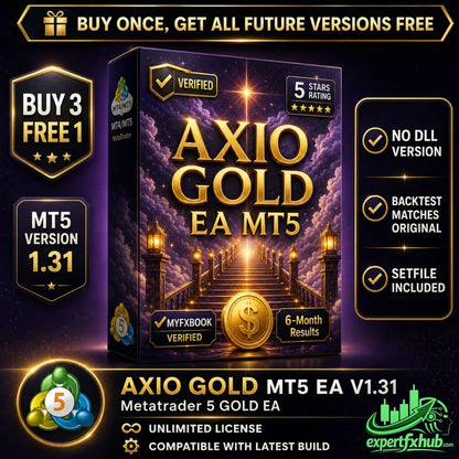 Gold-colored box of axio gold ea mt5 software with cosmic staircase design and purple clouds for v1.31 axio gold mt5