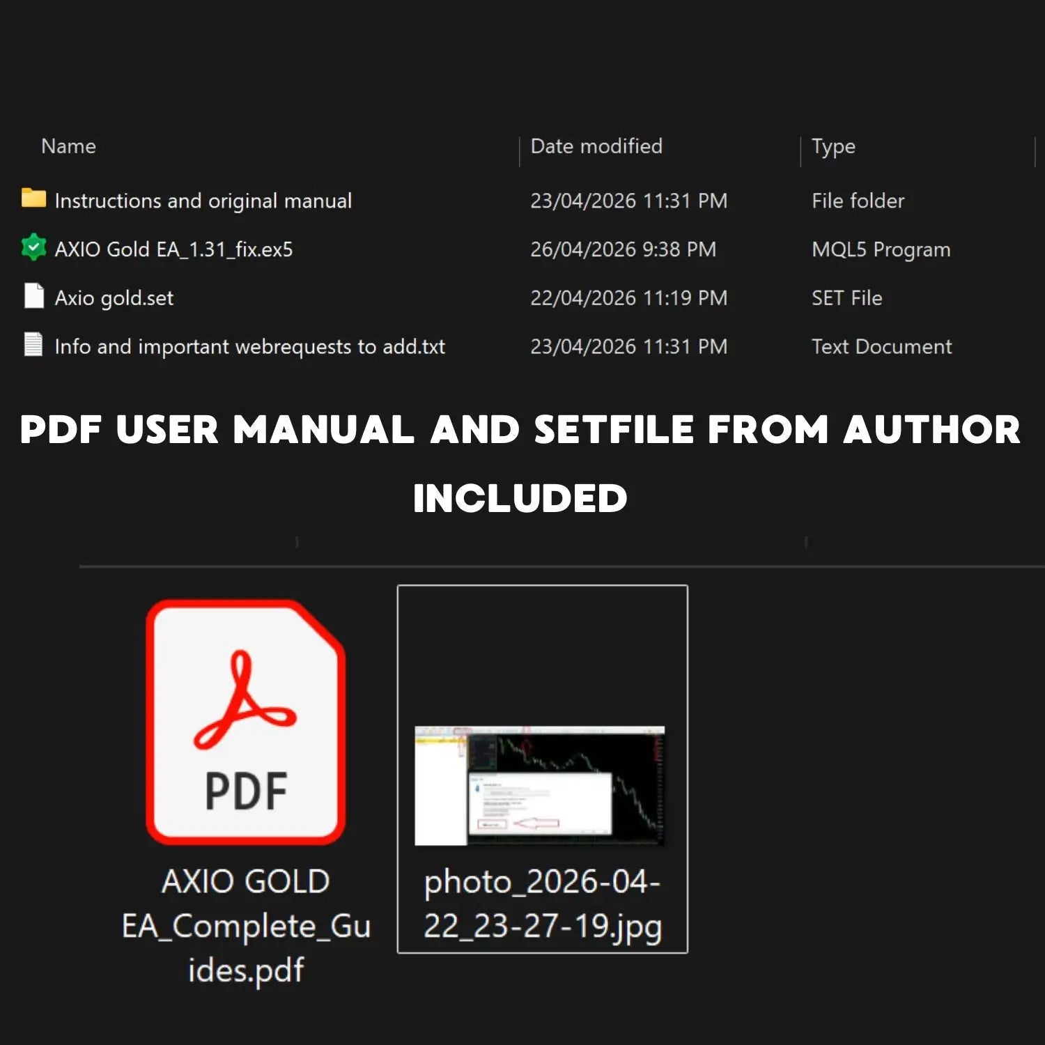 V1.31 axio gold mt5 software file with red adobe pdf icon and image thumbnail on dark background