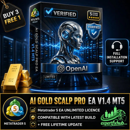 Black box packaging for v1.4 ai gold scalp pro mt5 featuring metallic robot head design with glowing blue accents and openai logo