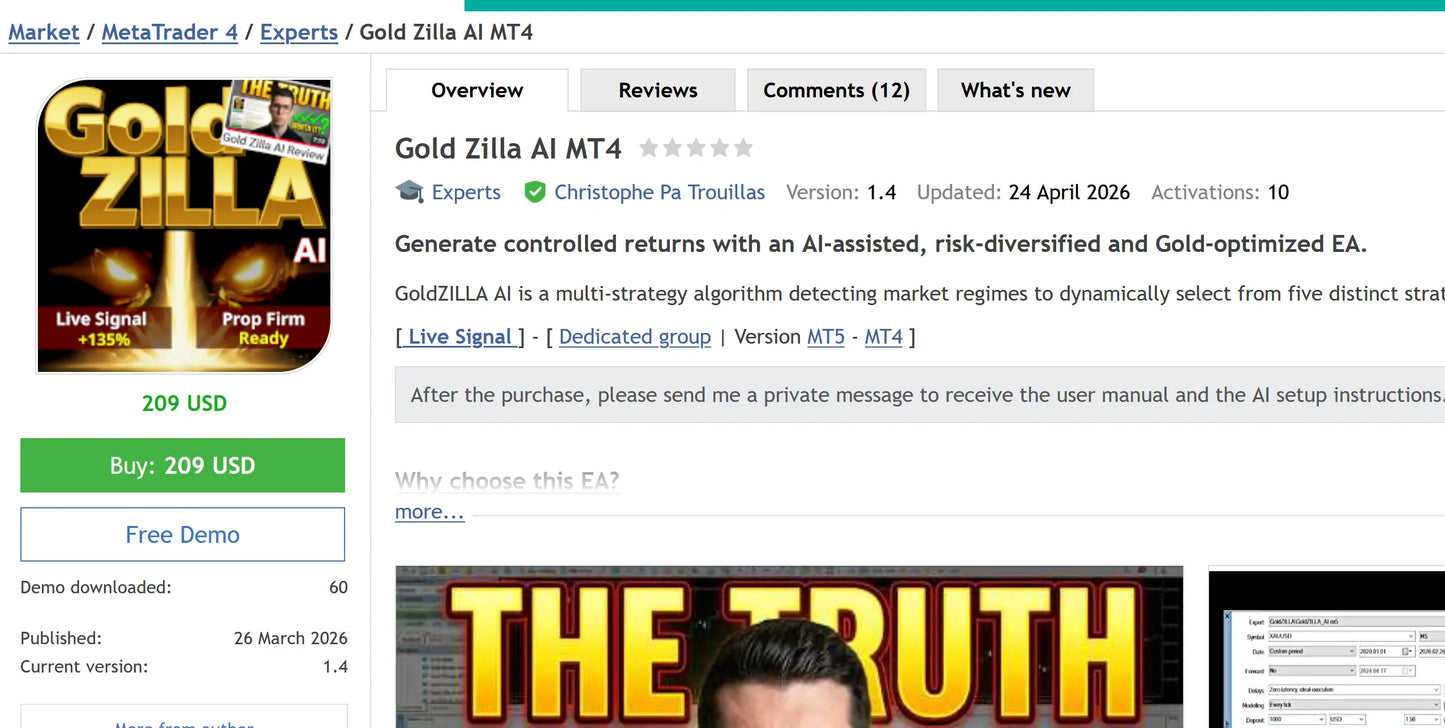 V1.4 Gold Zilla MT4 expert advisor with black and gold logo, green buy button, and white text on dark background