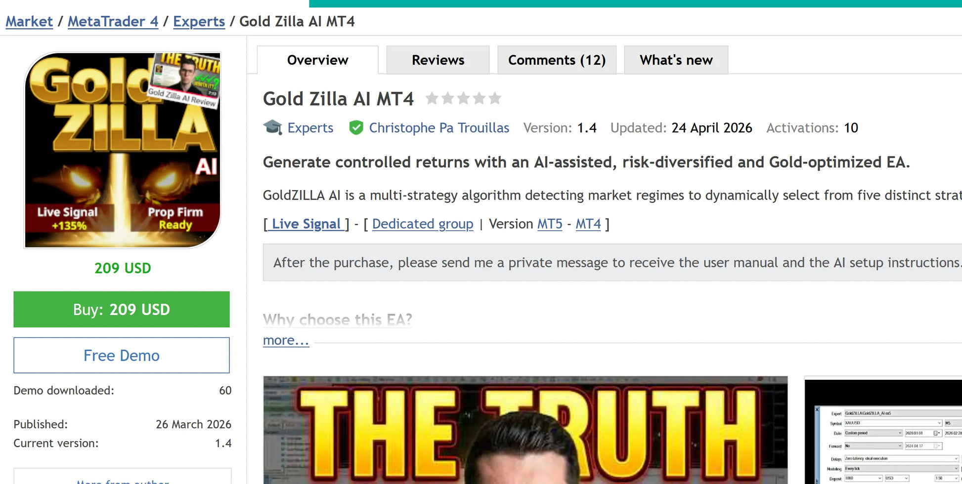 V1.4 Gold Zilla MT4 expert advisor with black and gold logo, green buy button, and white text on dark background