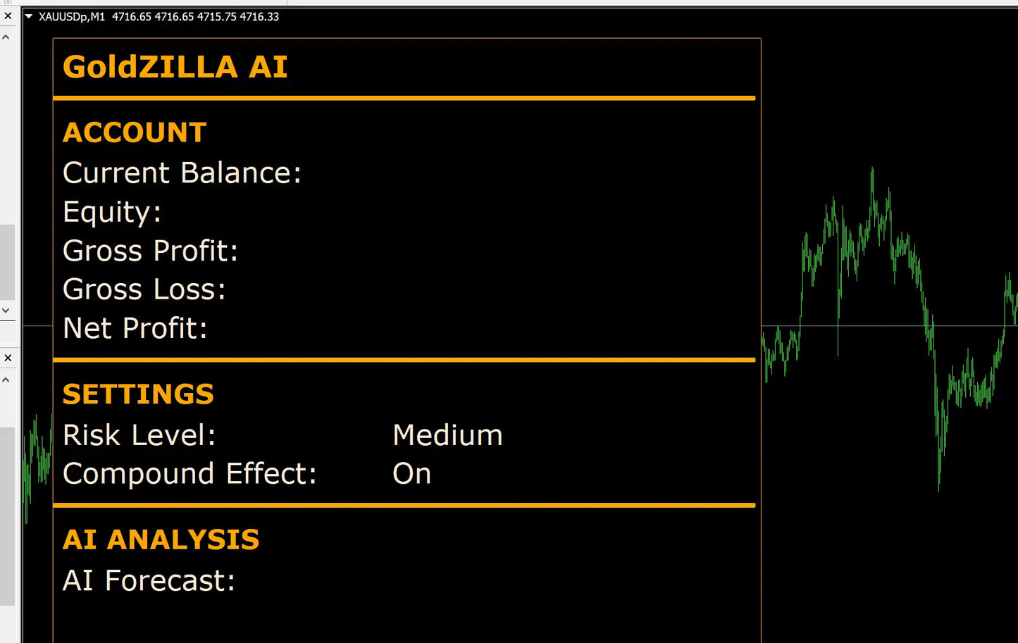 Goldzilla ai trading interface v1.4 mt4 shows account metrics and settings on a black screen with orange text