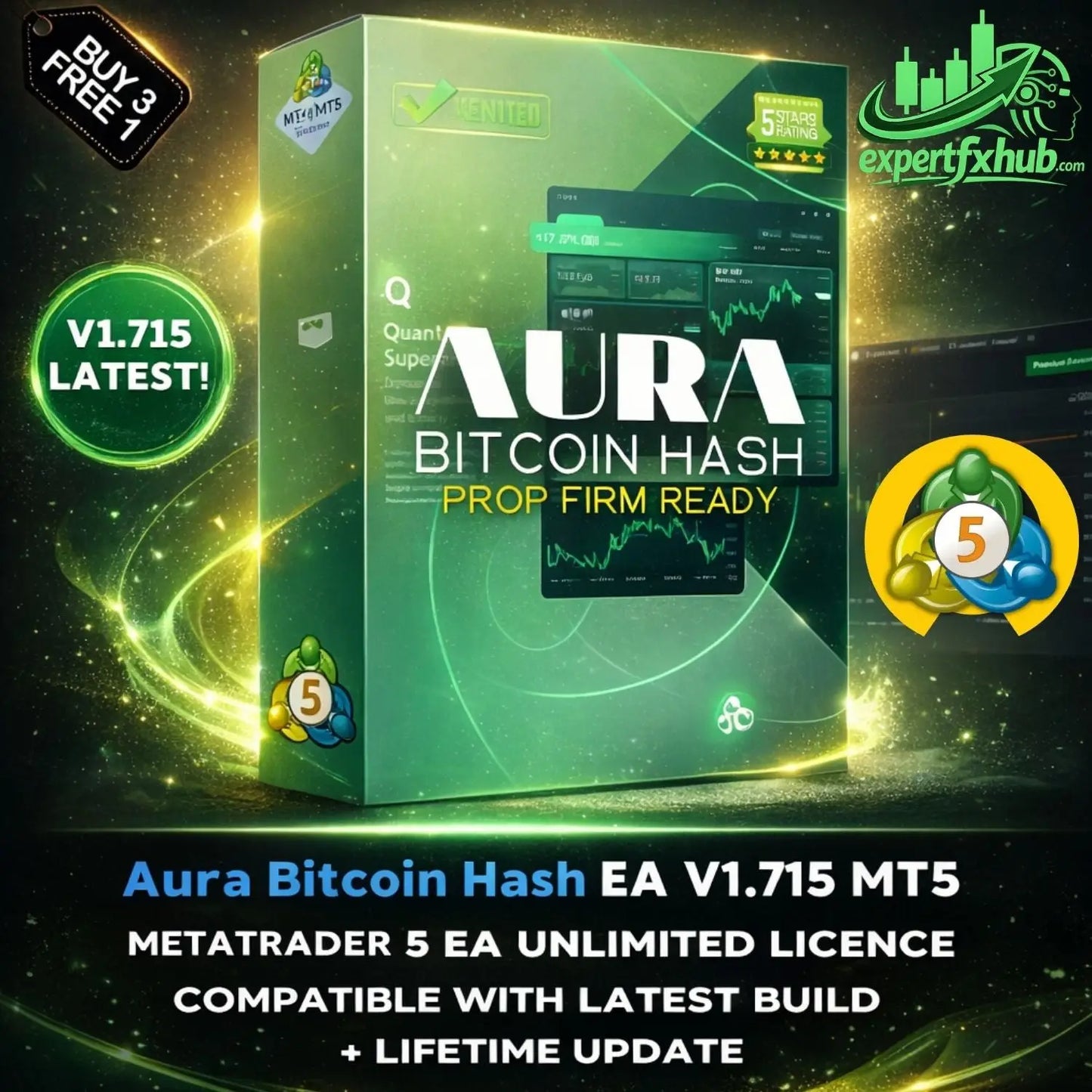 Green box packaging for v1.715 aura bitcoin hash mt5 trading software with glowing digital graphics and financial charts