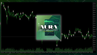 A sleek translucent green digital interface showing the aura bitcoin hash logo in the v1.715 aura bitcoin hash mt5 product