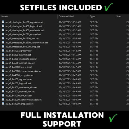 The v1.72 aura ultimate mt5 shows a dark-themed file explorer listing strategy files with various risk levels