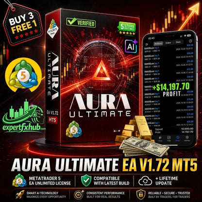 Red box of aura ultimate ea v1.72 mt5 trading software with glowing triangular design and financial data graphics on surface