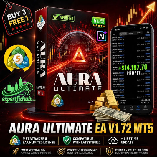 Red box of aura ultimate ea v1.72 mt5 trading software with glowing triangular design and financial data graphics on surface