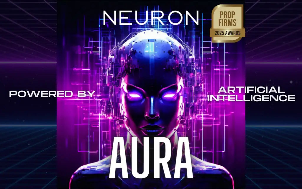 A futuristic v1.965 aura neuron mt4 humanoid figure with glowing purple eyes and metallic circuit-patterned head