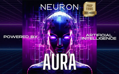 A futuristic v1.965 aura neuron mt4 humanoid figure with glowing purple eyes and metallic circuit-patterned head
