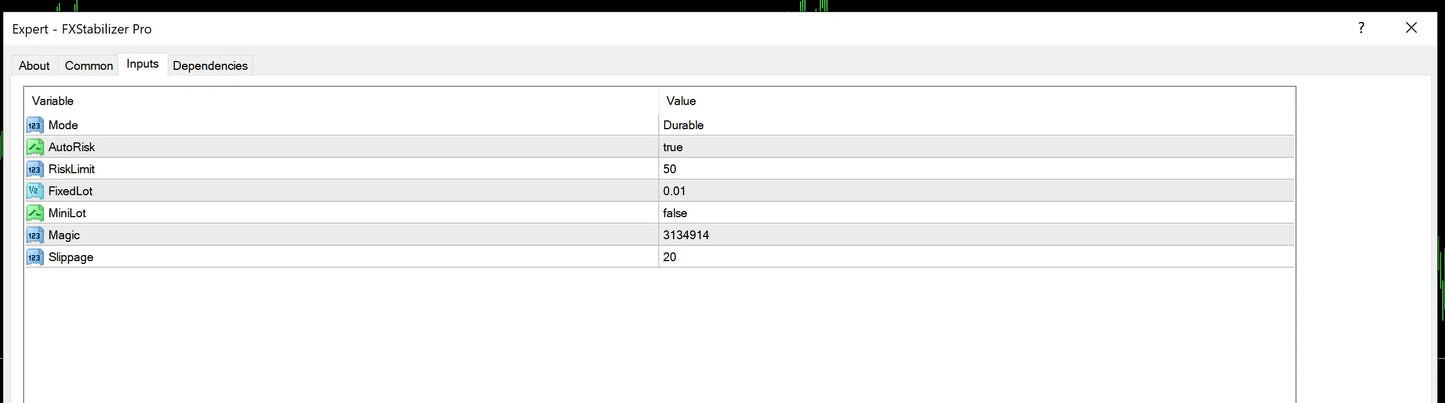 The psxstabilizer pro software interface for v2.0 FX stabilizer MT4 shows mode autoflex and magic settings