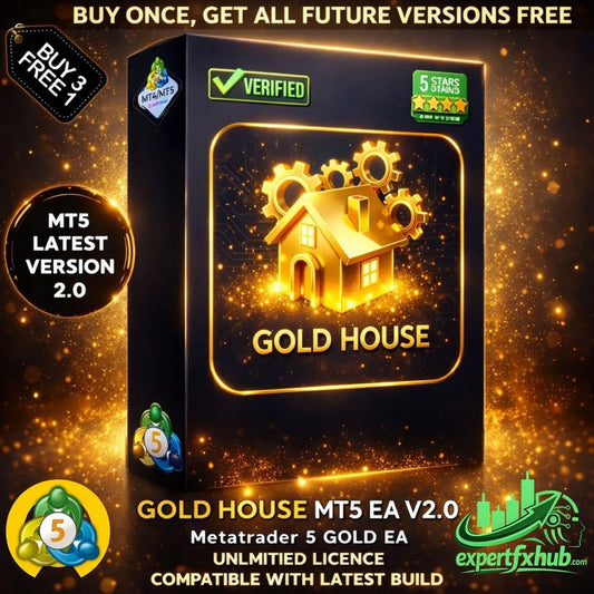 Gold-colored house-shaped icon with gears on black box for gold house mt5 ea v2.0 trading software package