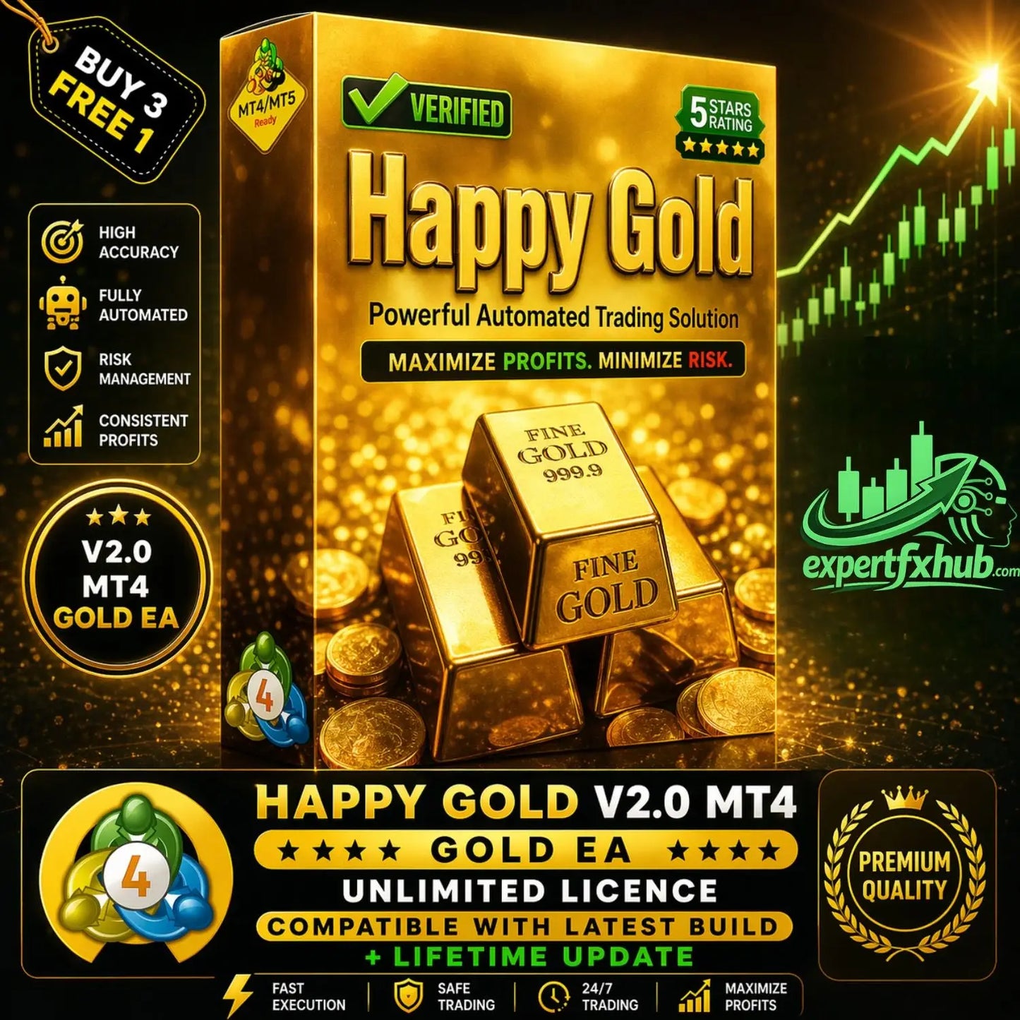Golden rectangular box for happy gold v2.0 mt4 trading software embossed with gold bars and coins with metallic finish