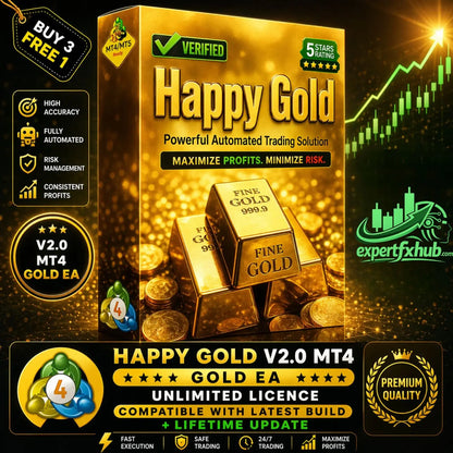 Golden rectangular box for happy gold v2.0 mt4 trading software embossed with gold bars and coins with metallic finish