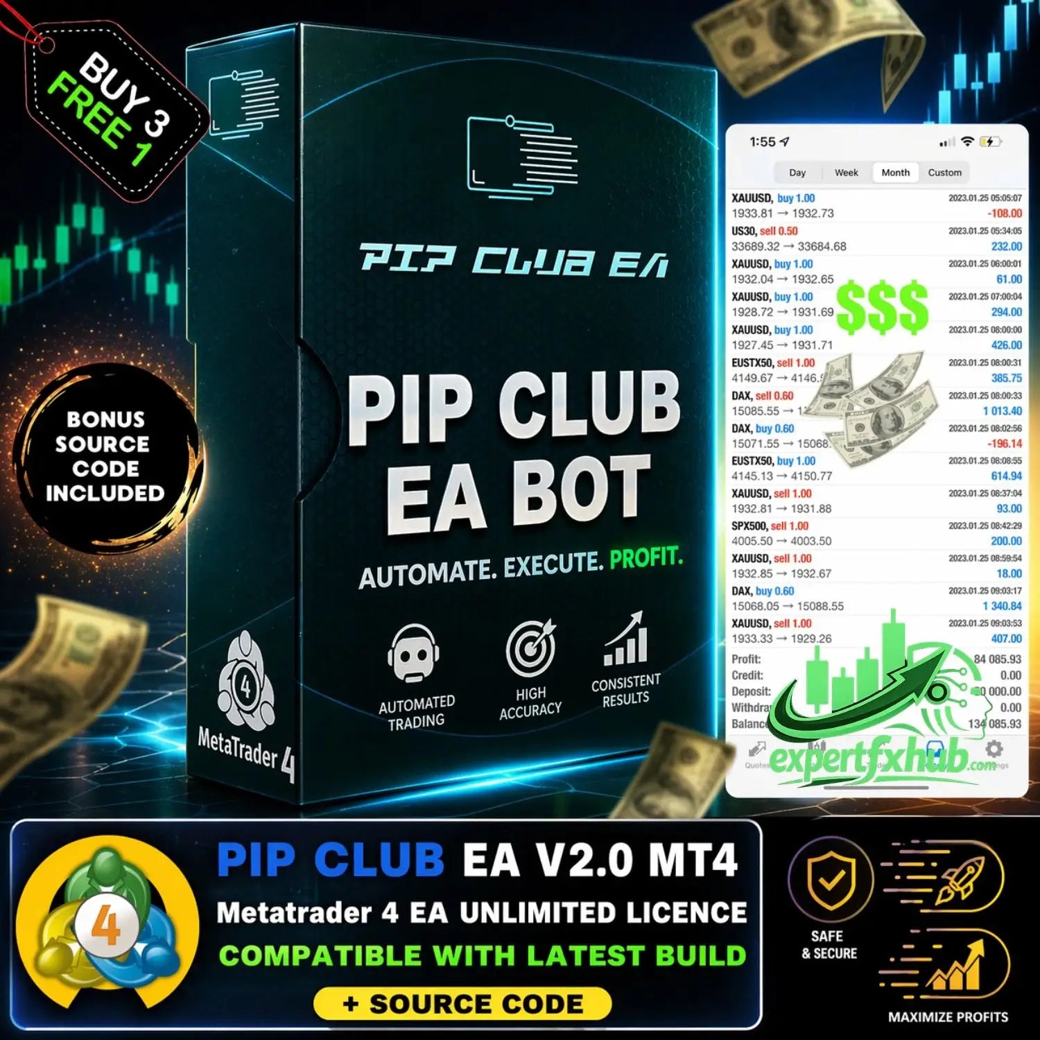 Black rectangular box for pip club ea bot trading software v2.0 with glowing blue neon accents and white text