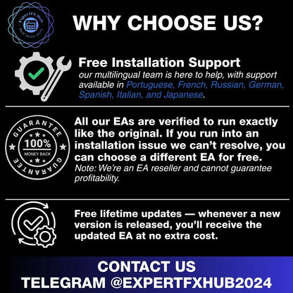 Black and white promotional graphic for expertfx hub v2.1 happy gold mt5 featuring gear wrench, guarantee seal, and free updates icons