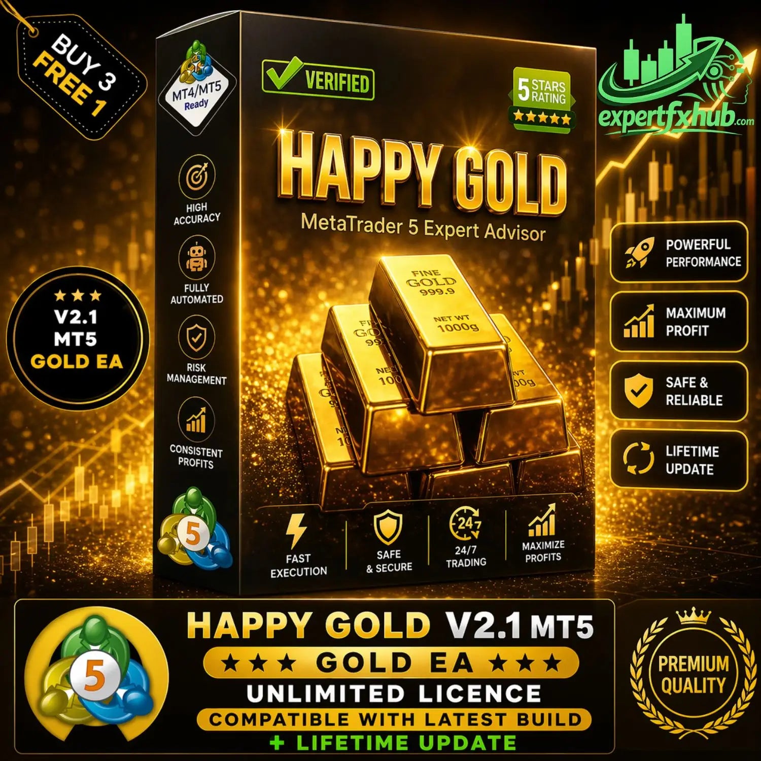 Golden metatrader 5 expert advisor software box labeled happy gold v2.1 mt5 with gold bars and promotional badges