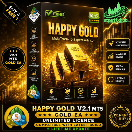 Golden metatrader 5 expert advisor software box labeled happy gold v2.1 mt5 with gold bars and promotional badges