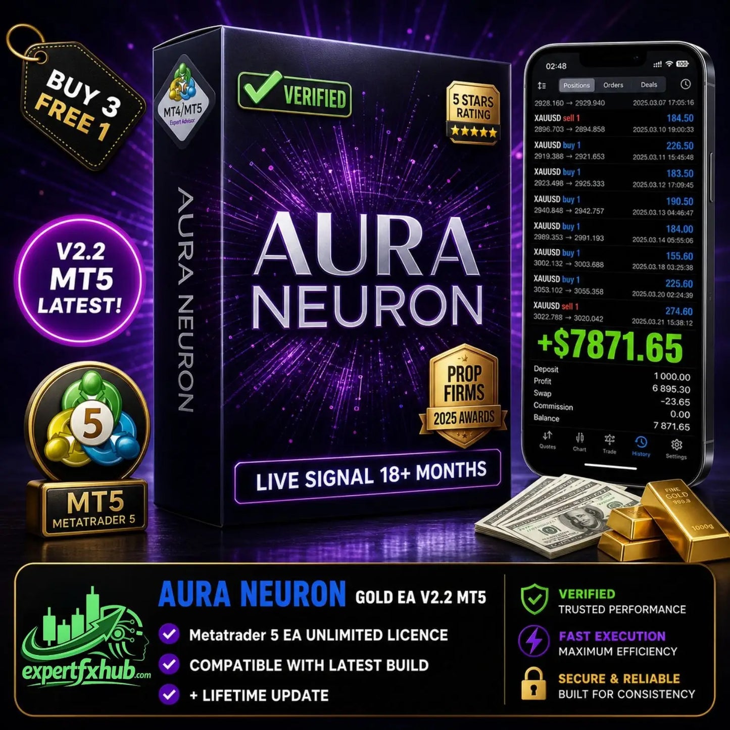 Black box of v2.2 aura neuron mt5 trading software featuring purple cosmic design with gold accents
