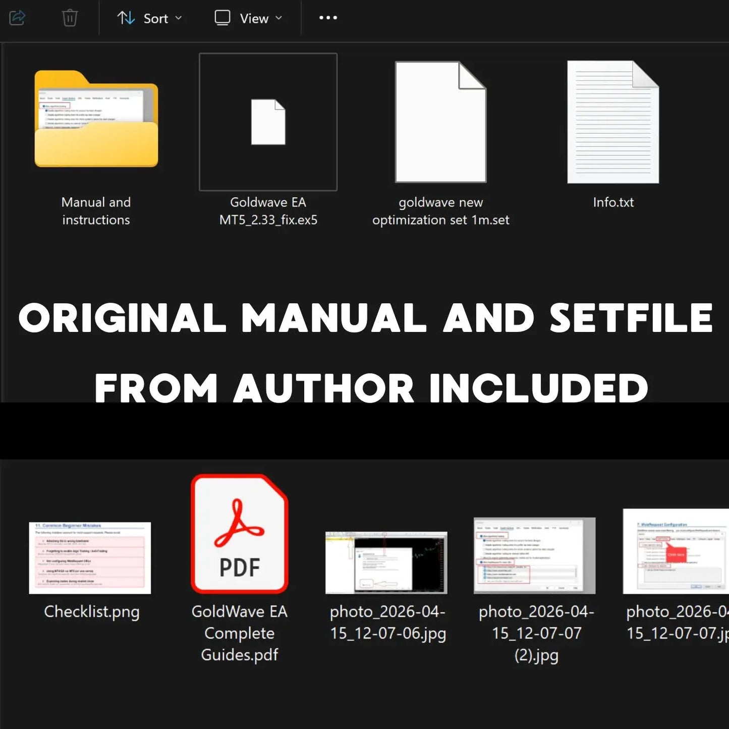 Goldwave ea mt5 v2.35 files including yellow manual folder, exe file icon, pdf guide, and setfile documents for trading use