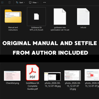 Goldwave ea mt5 v2.35 files including yellow manual folder, exe file icon, pdf guide, and setfile documents for trading use