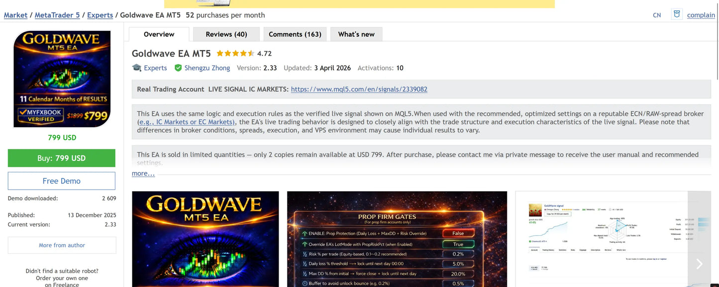 V2.35 goldwave mt5 digital trading algorithm packaging with dark blue and gold design for forex trading