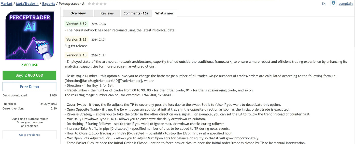 Screenshot of percepttrader AI trading platform v2.43 EA MT4 on fairence marketplace with logo and upward graph icon