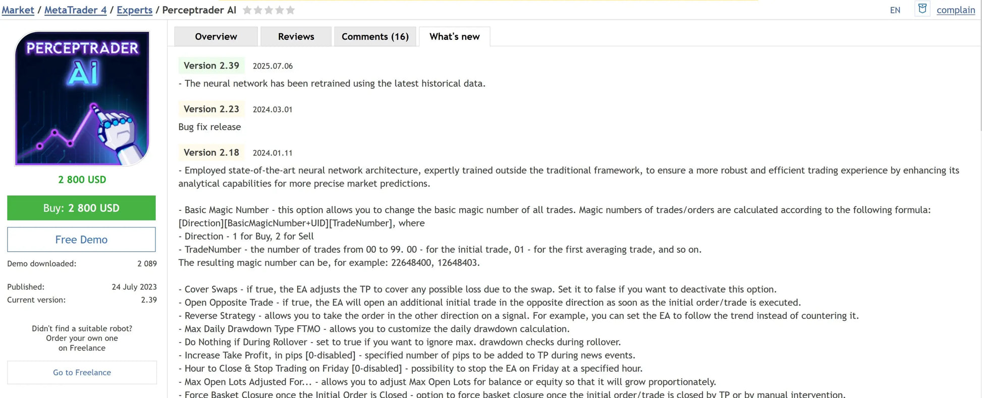 Screenshot of percepttrader AI trading platform v2.43 EA MT4 on fairence marketplace with logo and upward graph icon