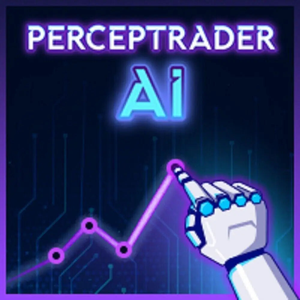 A futuristic white metallic robotic hand with glowing blue joints points to a neon purple graph in perceptrader ea mt4 v2.43