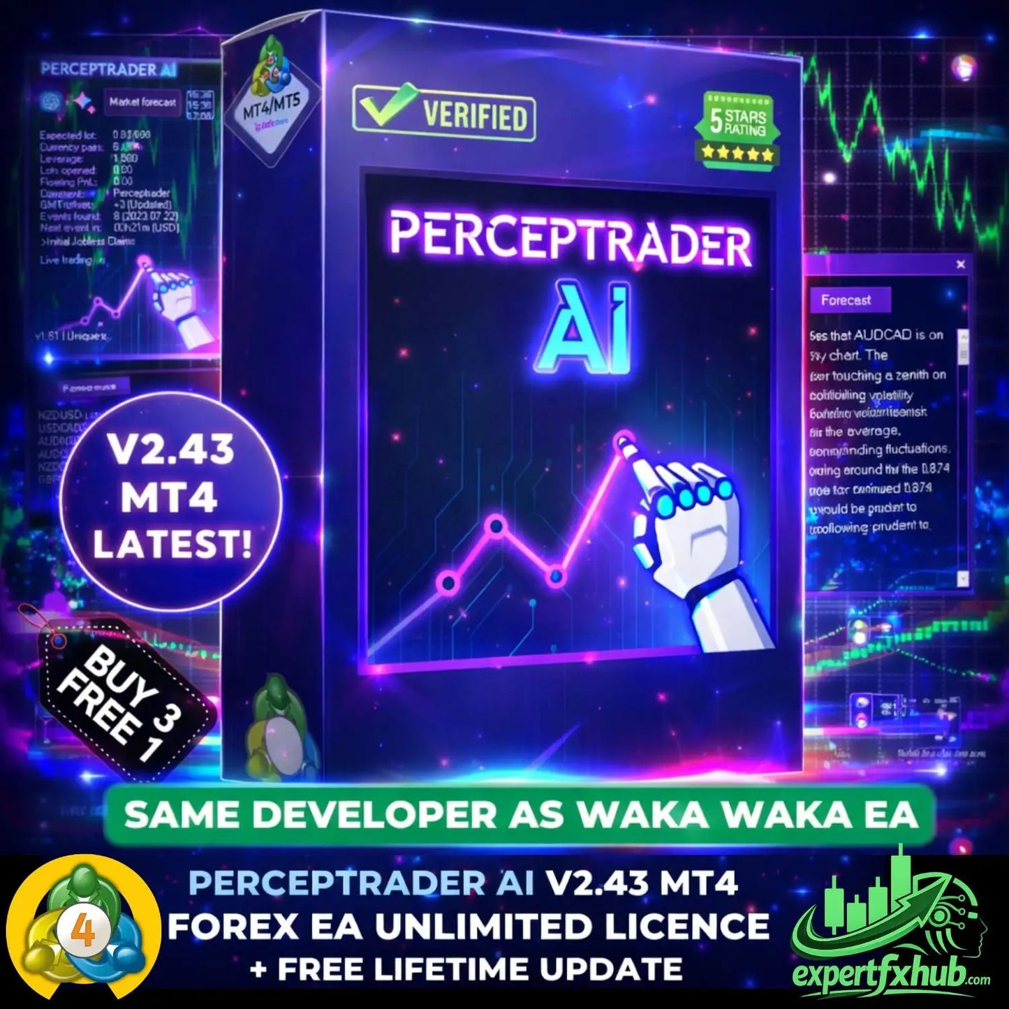 Purple and blue neon-lit box for PerceTrader EA v2.43 MT4 forex software with robotic hand pointing at stock charts