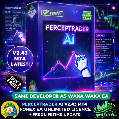 Purple and blue neon-lit box for PerceTrader EA v2.43 MT4 forex software with robotic hand pointing at stock charts