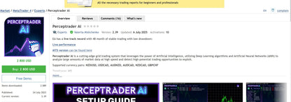 Perceptrader ai v2.43 ea mt5 is a financial trading platform with a sleek dark interface and bold purple white branding