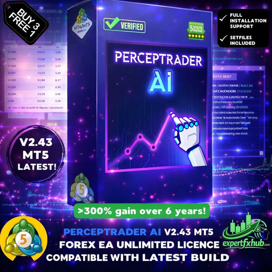 V2.43 Perceptrader EA MT5 forex ea unlimited license box with neon purple blue design and robotic hand pointing to upward graph