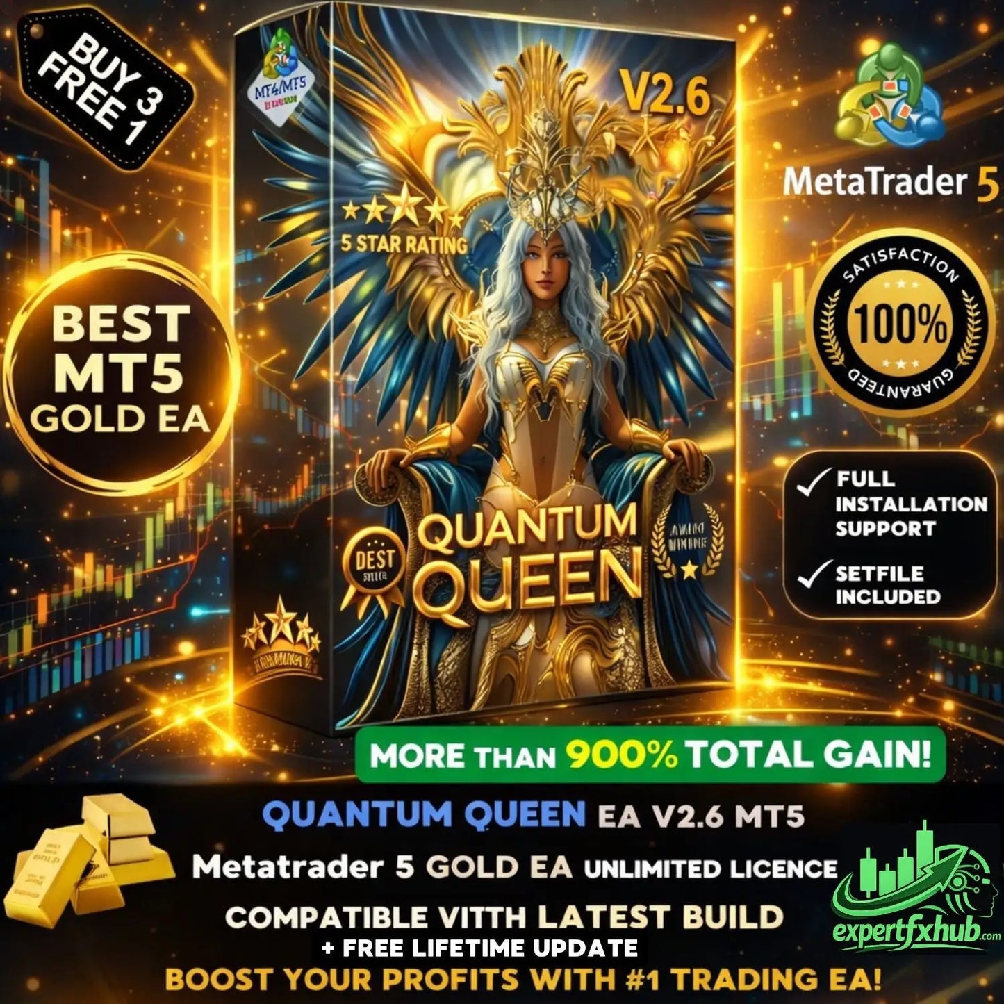 Golden angelic figure with blue wings and a crown seated on an ornate throne in v2.6 quantum queen mt5 design