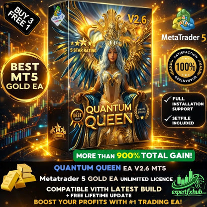 Golden angelic figure with blue wings and a crown seated on an ornate throne in v2.6 quantum queen mt5 design