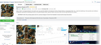 V2.6 Quantum Queen MT5 trading platform interface with dark theme gold and black accents showing charts and market data