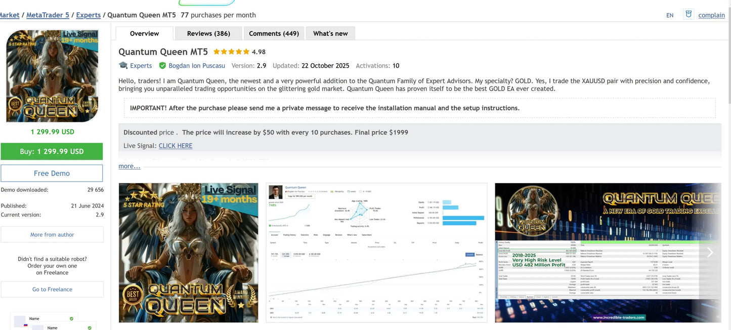 V2.91 Quantum Queen MT5 trading platform interface with dark theme gold and black charts and market data visualizations