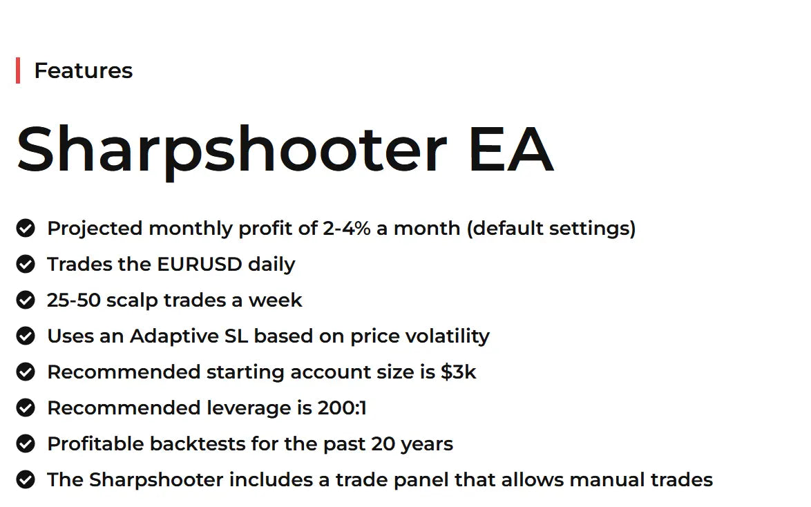 V3.0 sharpshooter ea mt4 trading system in bold black text on white background featuring projected profit and eurusd trades