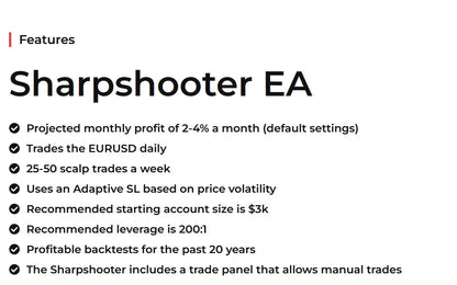 V3.0 sharpshooter ea mt4 trading system in bold black text on white background featuring projected profit and eurusd trades