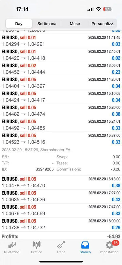 V3.0 sharpshooter ea mt4 smartphone app showing eur usd real-time sell rates timestamps and transaction details
